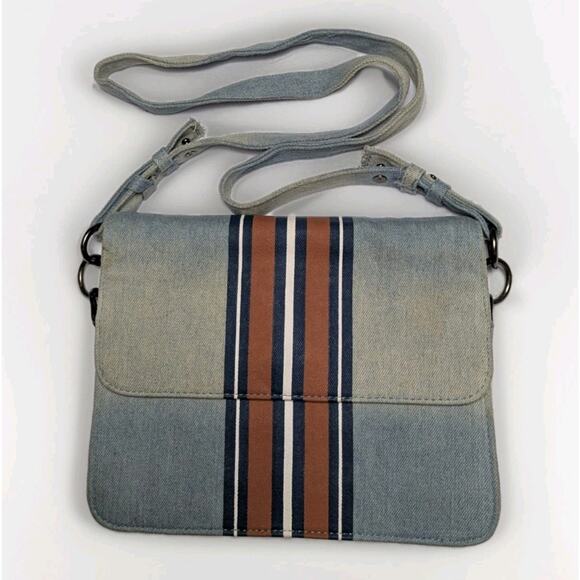 Circus By Sam Edelman Faded Bleached Denim Messenger Crossbody Bag Purse Striped - Picture 1 of 8